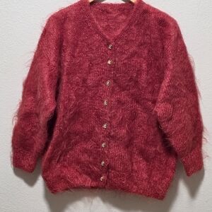 Womens Fuzzy Red Cardigan Sweater w/ Gold Buttons Mohair Vintage Wool